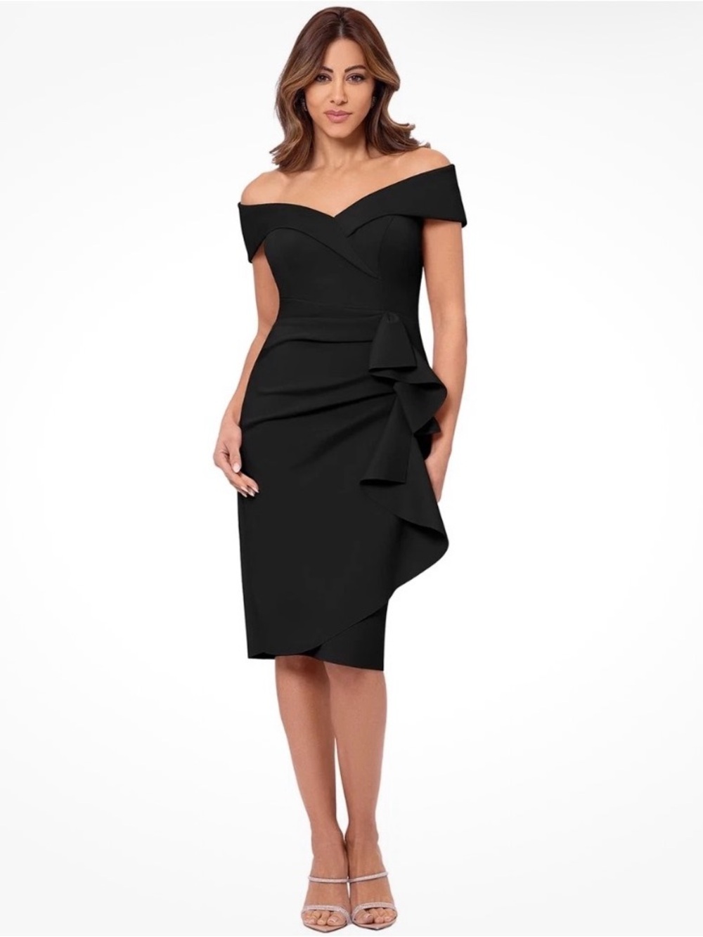 Xscape Black Ruffle Off the Shoulder Scuba Knit Cocktail Dress Size 6 $228